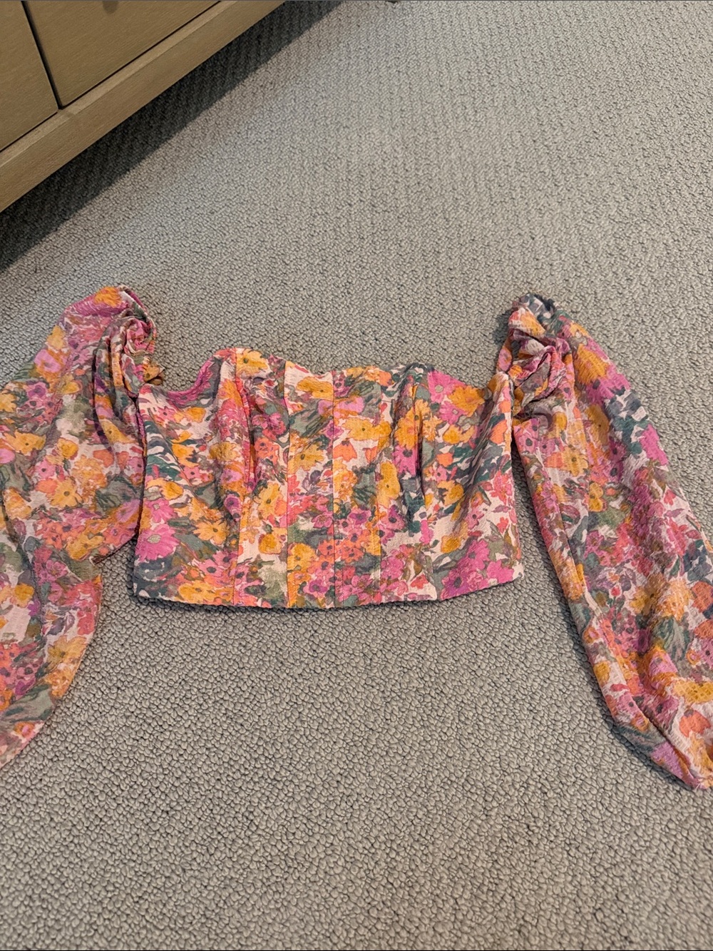 wild fable Pink, Yellow & Green Floral Puff-Sleeve Cropped Top